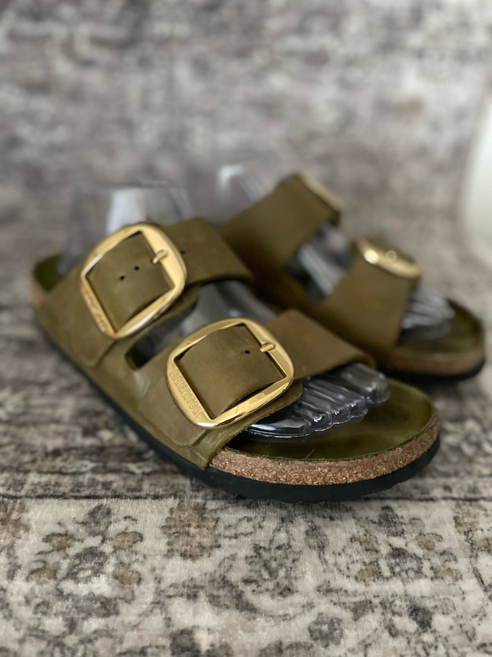 Birkenstock Big Buckle Arizona Olive Green Oiled Leathee Sandals Size 41 Gold - Picture 6 of 10